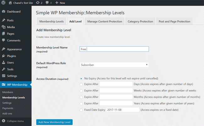 swpm-creating-free-membership-level