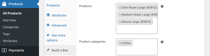 选择可以添加到盒子的产品或产品类别