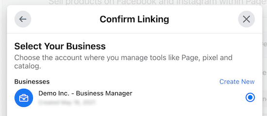 确认链接到 Facebook Business 帐户