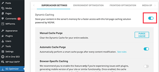 Turn on caching in SiteGround