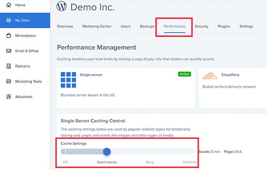 Bluehost caching levels