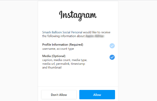 允许 Smash Balloon 访问 Instagram 帐户