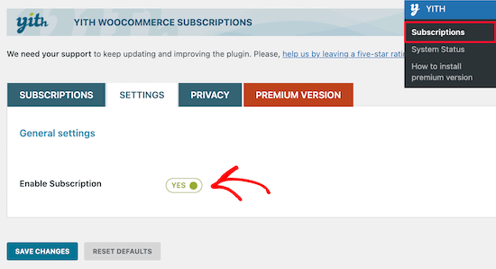 启用 YITH WooCommerce 订阅设置