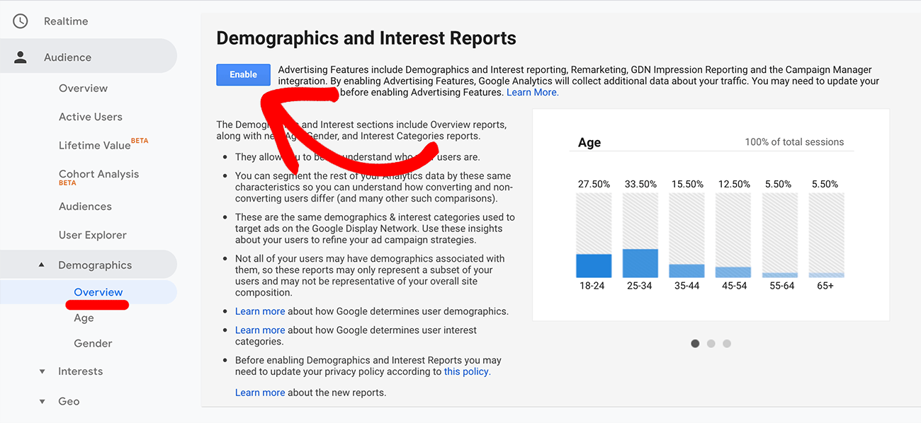 在 Google Analytics（分析）中启用人口统计报告