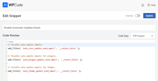 在 WPCode 中禁用自动更新电子邮件片段