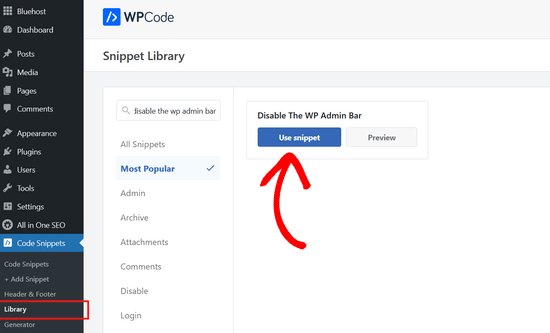 在 WPCode 库中找到 Disable The WP Admin Bar 代码片段