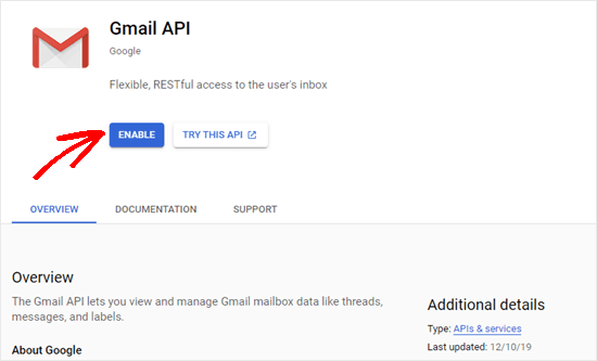 单击 Gmail API 的启用按钮