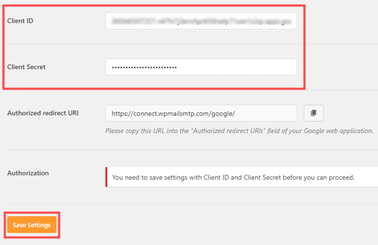 在 WP Mail SMTP 设置中输入您的客户端 ID 和客户端密码
