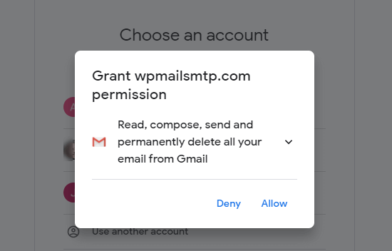 授予 WP Mail SMTP 访问和使用您的 Gmail 帐户的权限