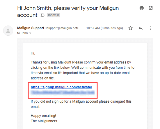 单击链接以使用 Mailgun 验证您的电子邮件地址
