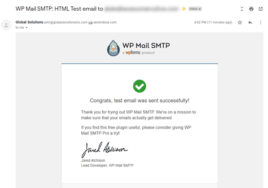 我们收件箱中来自 WP Mail SMTP 的测试电子邮件