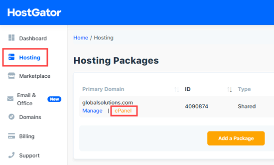 单击您的域的 cPanel 链接