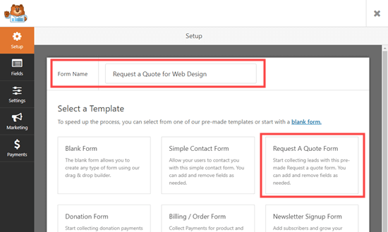 命名您的表单并在 WPForms 中选择“请求报价”模板
