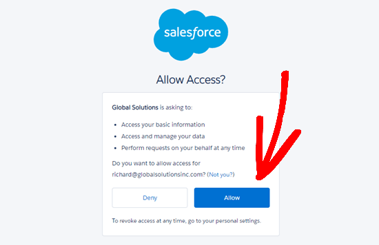 允许 WPForms 通过您的应用程序访问您的 Salesforce 帐户