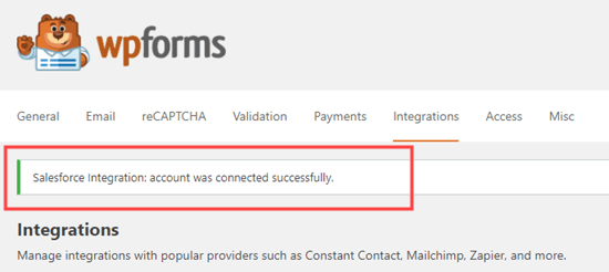 成功消息让您知道 Salesforce 和 WPForms 已成功集成