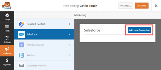 转到 Marketing -- Salesforce 选项卡，为您的表单添加新的 Salesforce 连接
