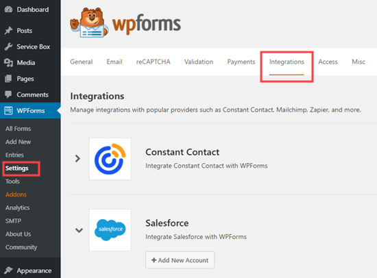 WPForms 的设置 - WordPress 管理员中的集成选项卡