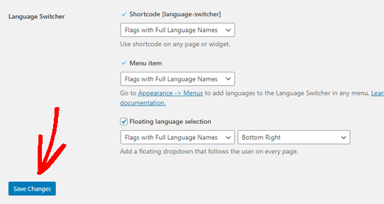 选择您的语言选择器选项并在 TranslatePress 中保存您的更改