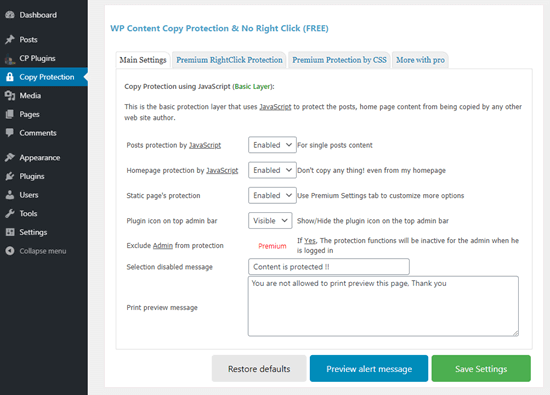 WP Content Copy Protection & No Right Click 插件的设置