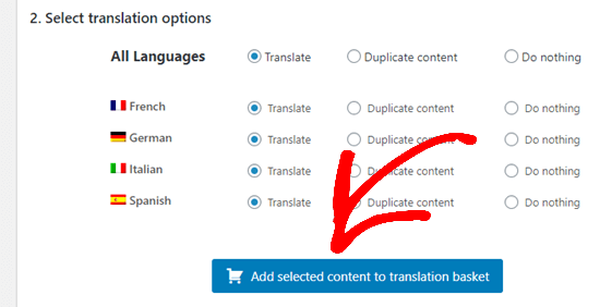 单击按钮将您选择的内容添加到您的翻译篮中