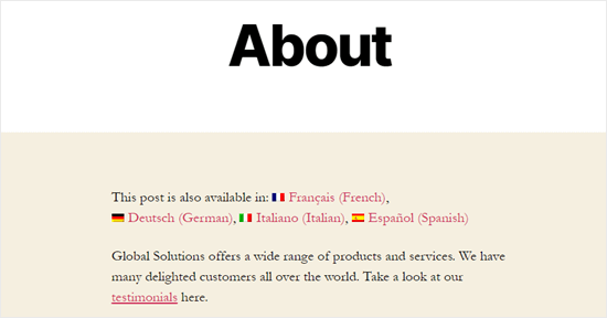 我们演示网站上的“关于”页面，显示了翻译语言选项