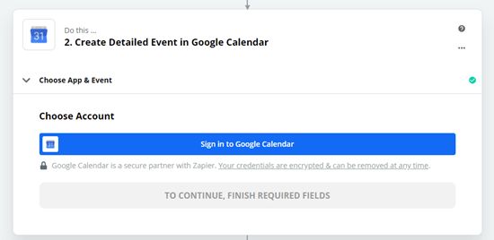 在 Zapier 提示时登录您的 Google 日历帐户