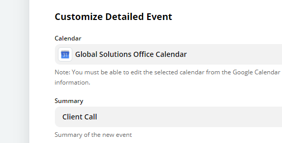 输入您的 Google 日历活动的摘要，例如“客户电话”