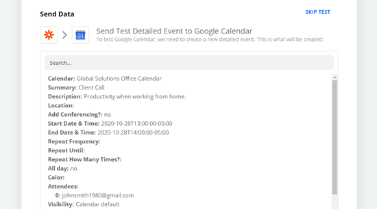 将发送到 Google 日历的测试活动的详细信息