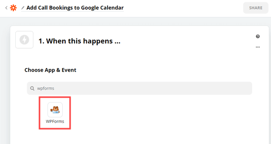 选择 WPForms 作为您在 Zapier 中的触发应用程序