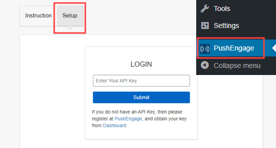 在 WordPress 的 PushEngage 插件的设置页面中输入 API 密钥