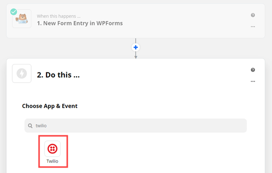 在 Zapier 中为您的操作应用程序选择 Twilio 应用程序