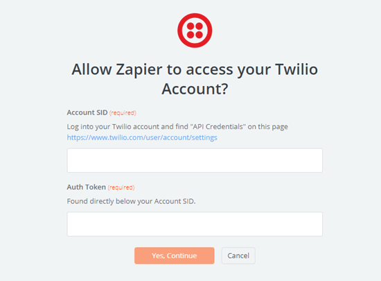通过输入您的 Twilio 帐户 SID 和身份验证令牌，让 Zapier 访问您的 Twilio 帐户