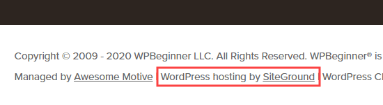 页脚中显示的 WPBeginner 托管详细信息