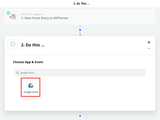 选择 Google Drive 应用作为 zap 的操作