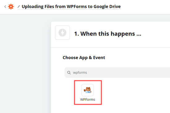 在 Zapier 中选择 WPForms 应用程序
