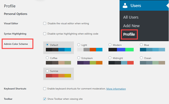 在您的用户个人资料页面上选择 WordPress 中的管理员配色方案