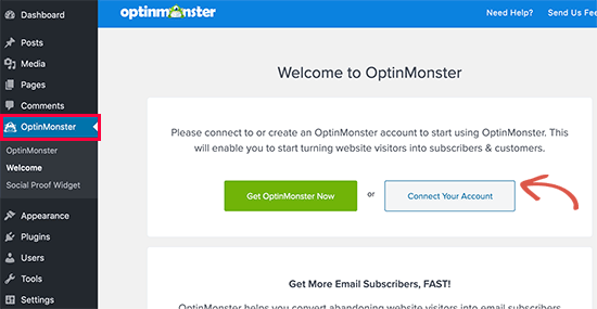 将 OptinMonster 连接到您的 WordPress 帐户