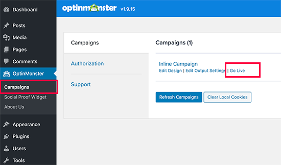 WordPress 中的 OptinMonster 活动仪表板