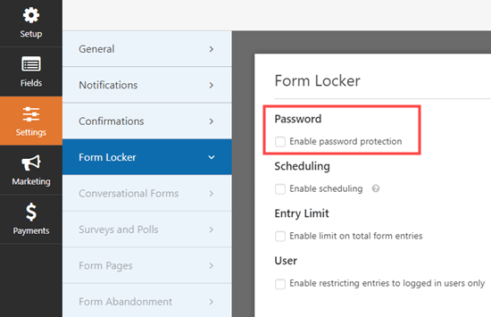 转到 WPForms 中的 Form Locker 设置页面并检查密码框
