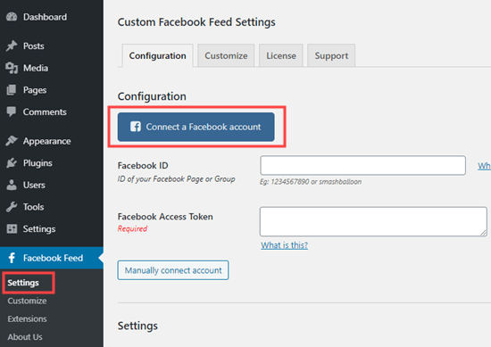 将您的 Facebook 帐户连接到 Custom Facebook Feed 插件