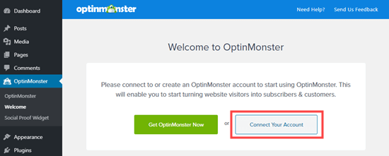 单击按钮将您的 OptinMonster 帐户连接到您的 WordPress 网站