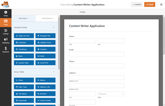 WPForms 中的默认工作申请上传表单模板