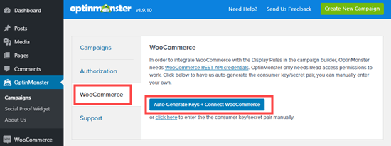 自动生成 WooCommerce 密钥以连接 OptinMonster 和您的 WooCommerce 商店