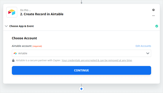 将 Zapier 帐户连接到 Airtable 后，单击以继续
