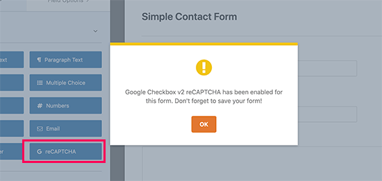 在表单中添加 recaptcha 字段