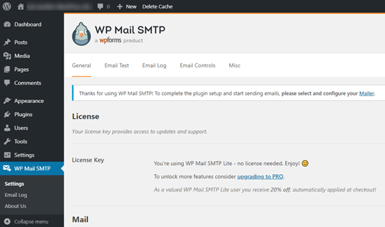 WordPress 仪表板中的 WP Mail SMTP 设置页面
