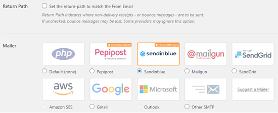 在 WP Mail SMTP 中选择 Sendinblue 作为您的邮件程序