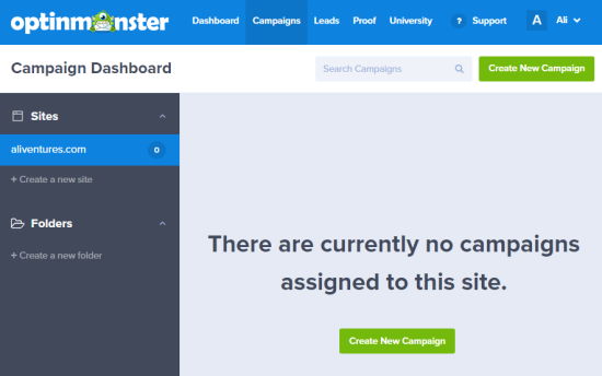 创建一个新的 OptinMonster 活动，以便您可以开始制作优惠券弹出窗口