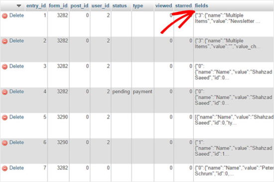 WordPress 数据库 phpMyAdmin 视图中的联系表单数据字段