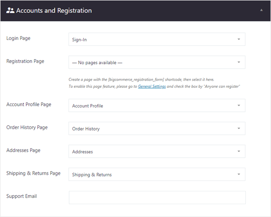 BigCommerce for WordPress 帐户和注册设置